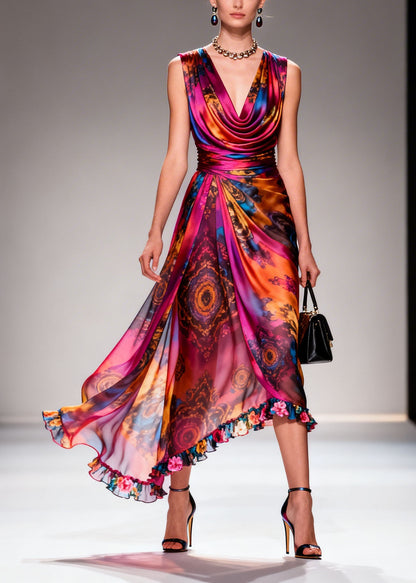 Women Print Ruffled Floral Patchwork Chiffon Dresses Sleeveless