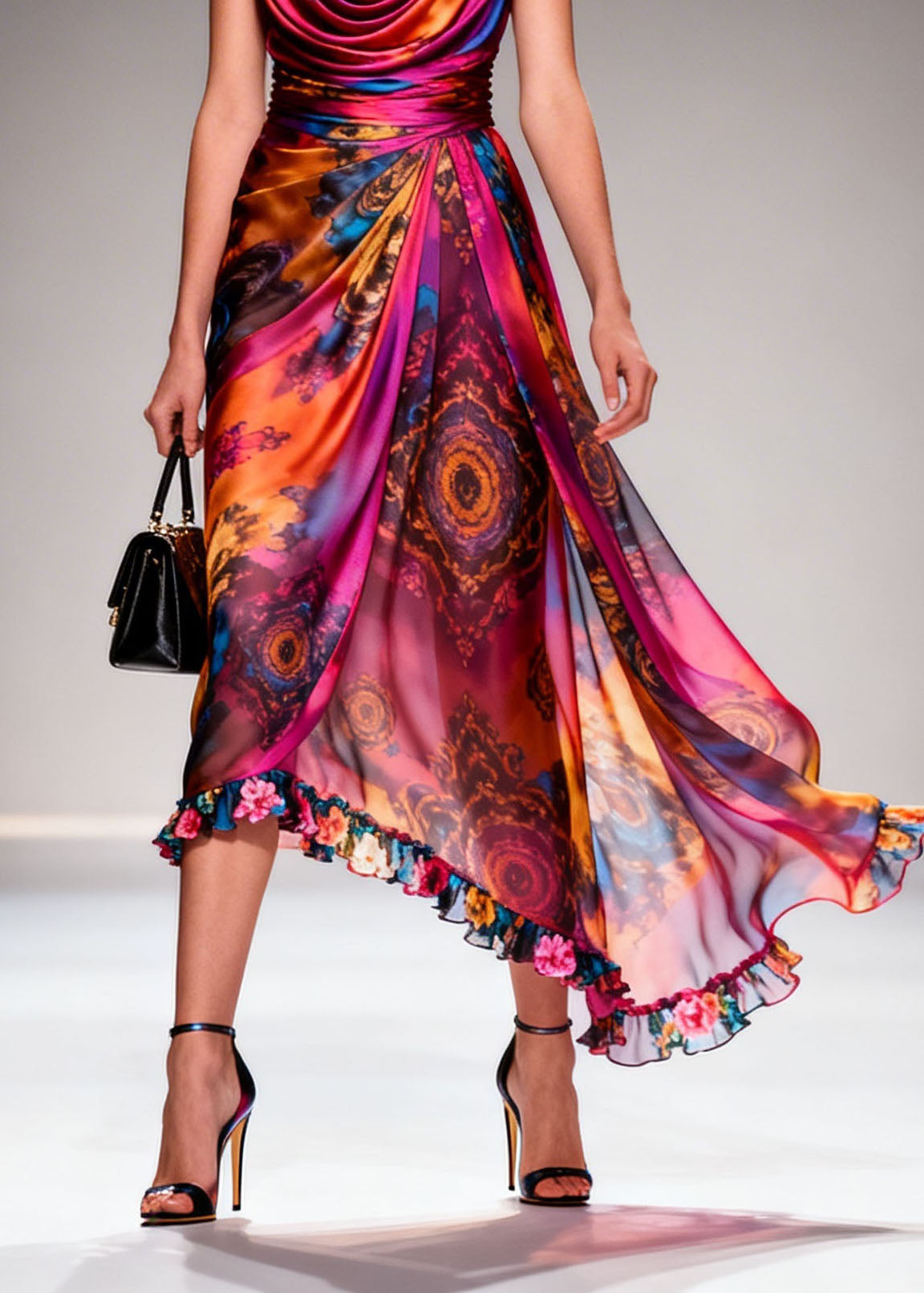 Women Print Ruffled Floral Patchwork Chiffon Dresses Sleeveless