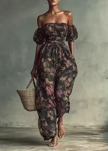 Women Print Slash Neck High Waist Jumpsuits Puff Sleeve