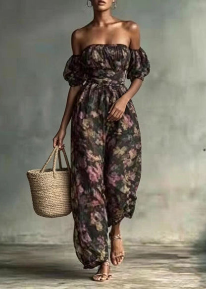 Women Print Slash Neck High Waist Jumpsuits Puff Sleeve