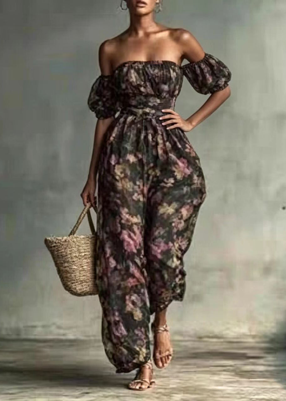 Women Print Slash Neck High Waist Jumpsuits Puff Sleeve