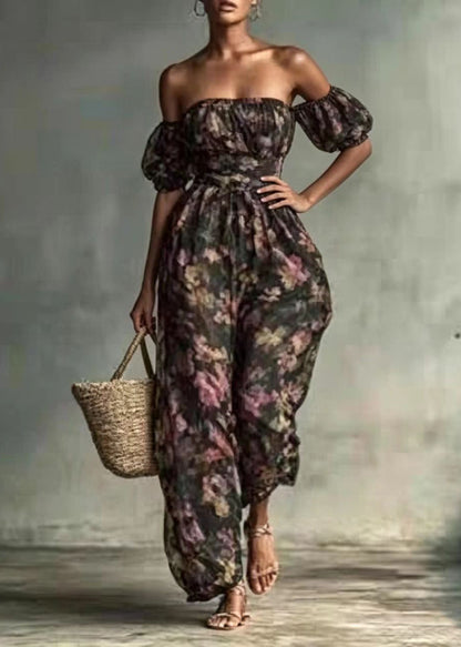 Women Print Slash Neck High Waist Jumpsuits Puff Sleeve