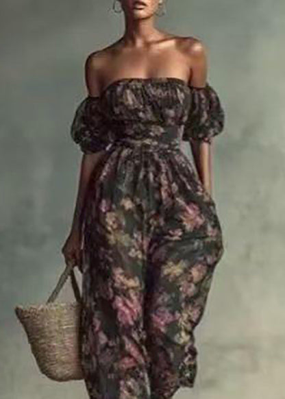 Women Print Slash Neck High Waist Jumpsuits Puff Sleeve