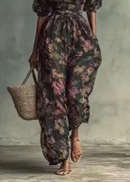 Women Print Slash Neck High Waist Jumpsuits Puff Sleeve