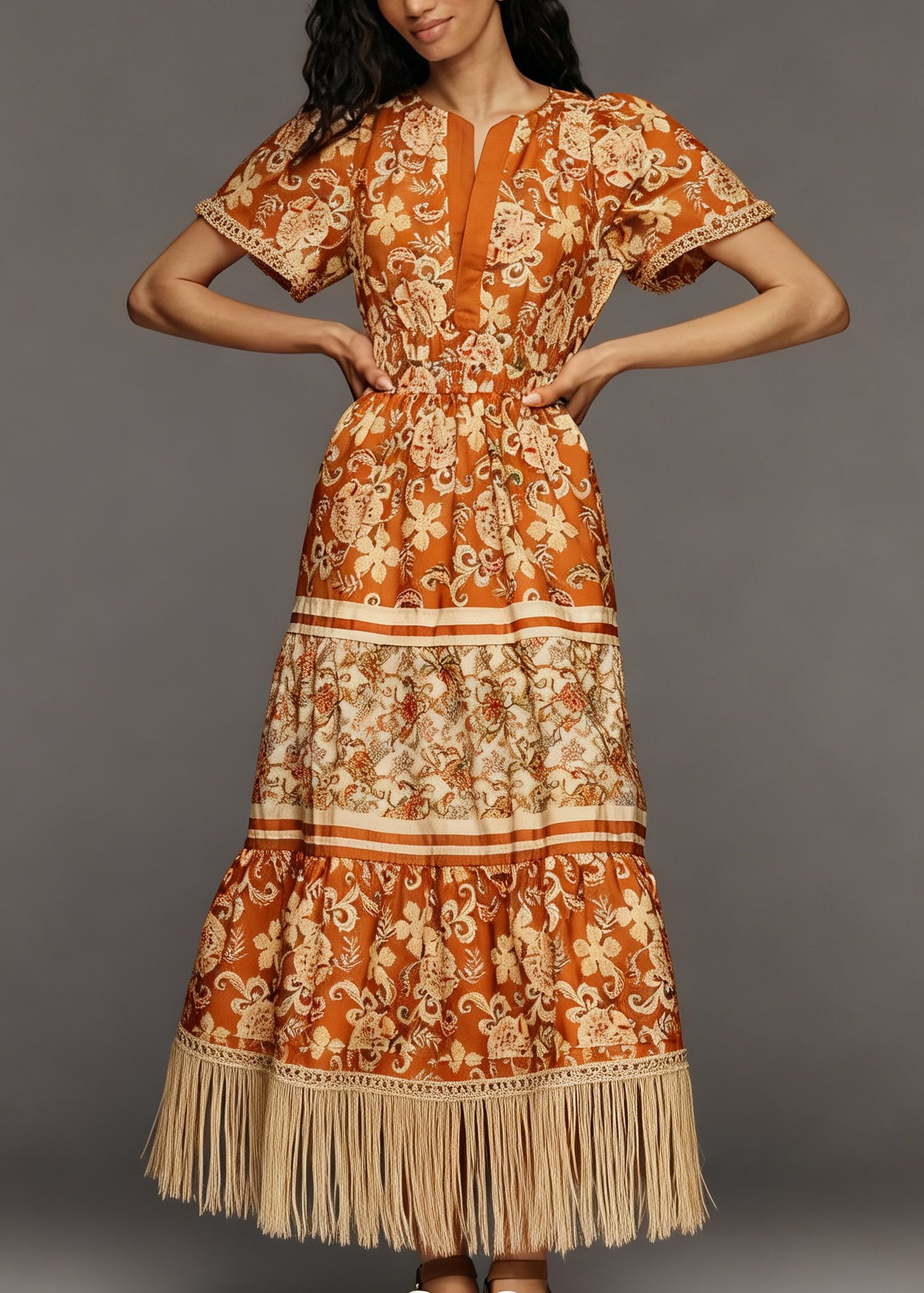 Women Print Tasseled Patchwork Cotton Long Dress Summer