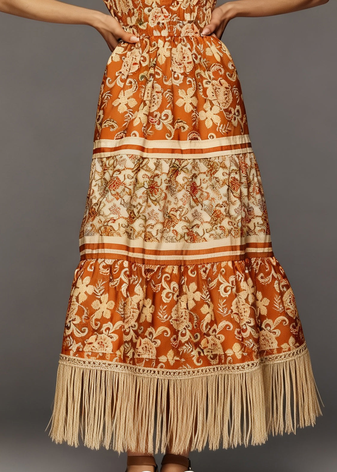 Women Print Tasseled Patchwork Cotton Long Dress Summer