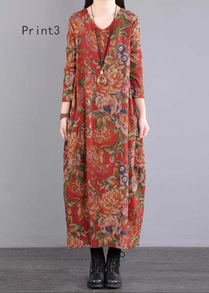 Women Print V Neck Patchwork Cotton Long Dress Fall