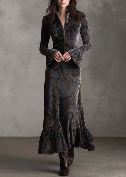 Women Print Zip Up Ruffled Patchwork Velvet Long Dresses Fall