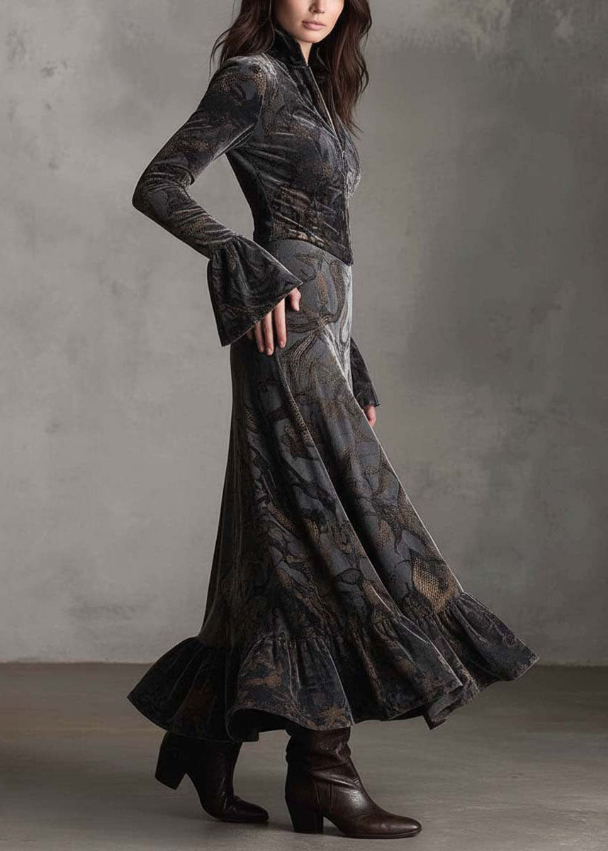 Women Print Zip Up Ruffled Patchwork Velvet Long Dresses Fall