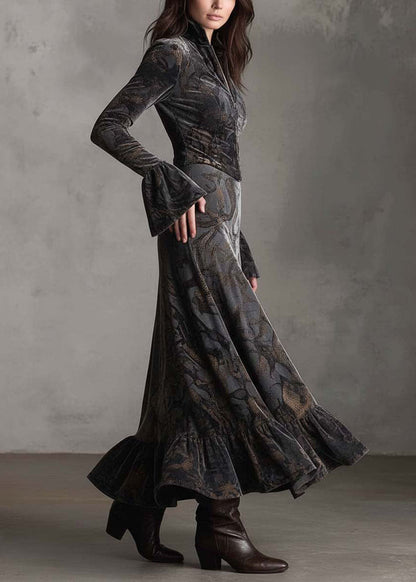 Women Print Zip Up Ruffled Patchwork Velvet Long Dresses Fall