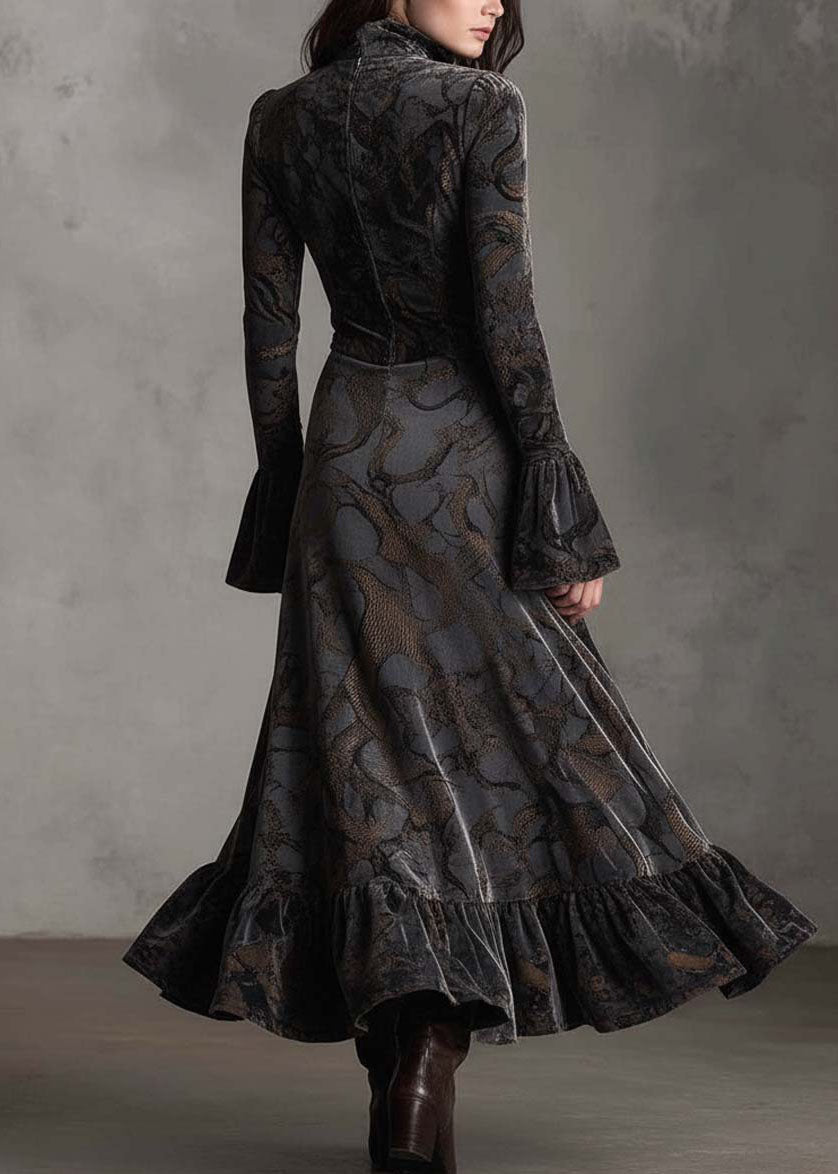Women Print Zip Up Ruffled Patchwork Velvet Long Dresses Fall