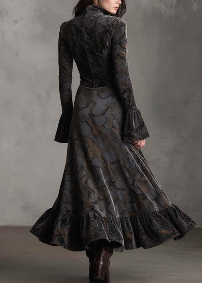 Women Print Zip Up Ruffled Patchwork Velvet Long Dresses Fall