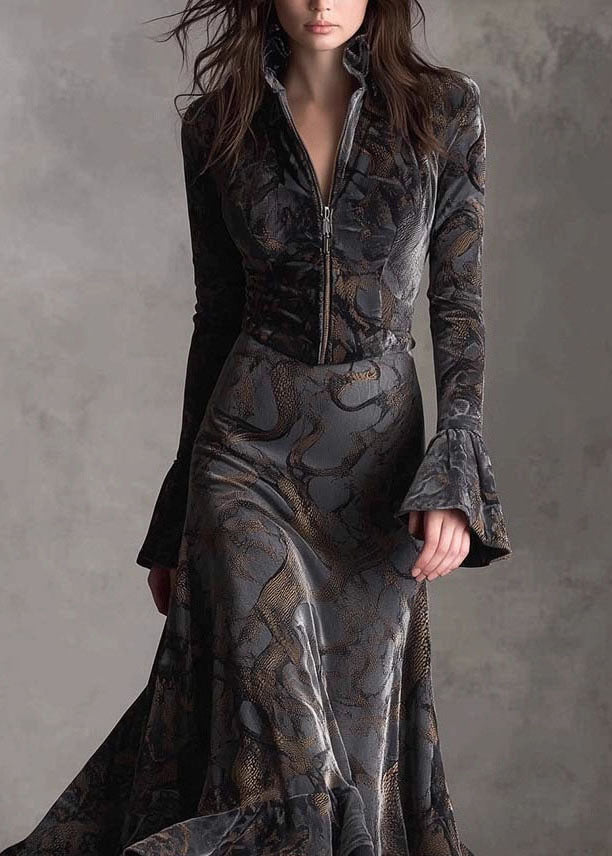 Women Print Zip Up Ruffled Patchwork Velvet Long Dresses Fall