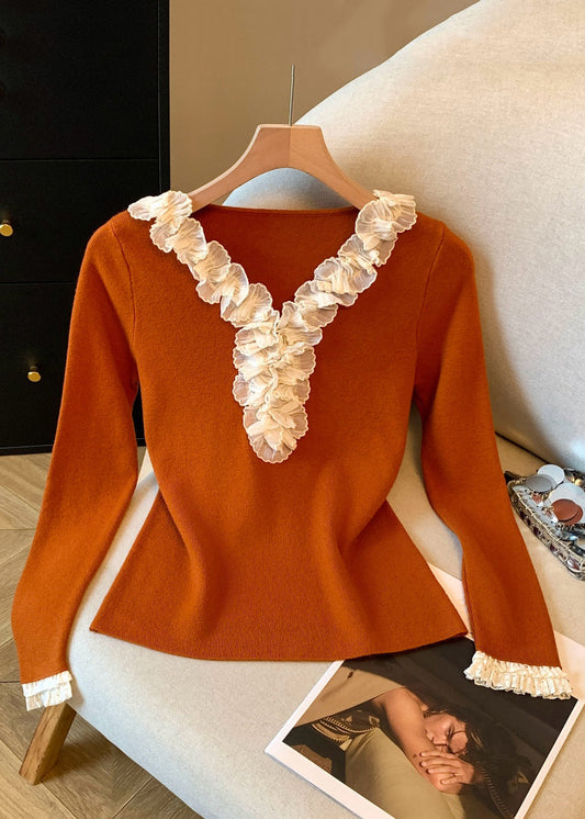 Women Pumpkin Color V Neck Ruffled Patchwork Knitting Cotton T Shirt Fall