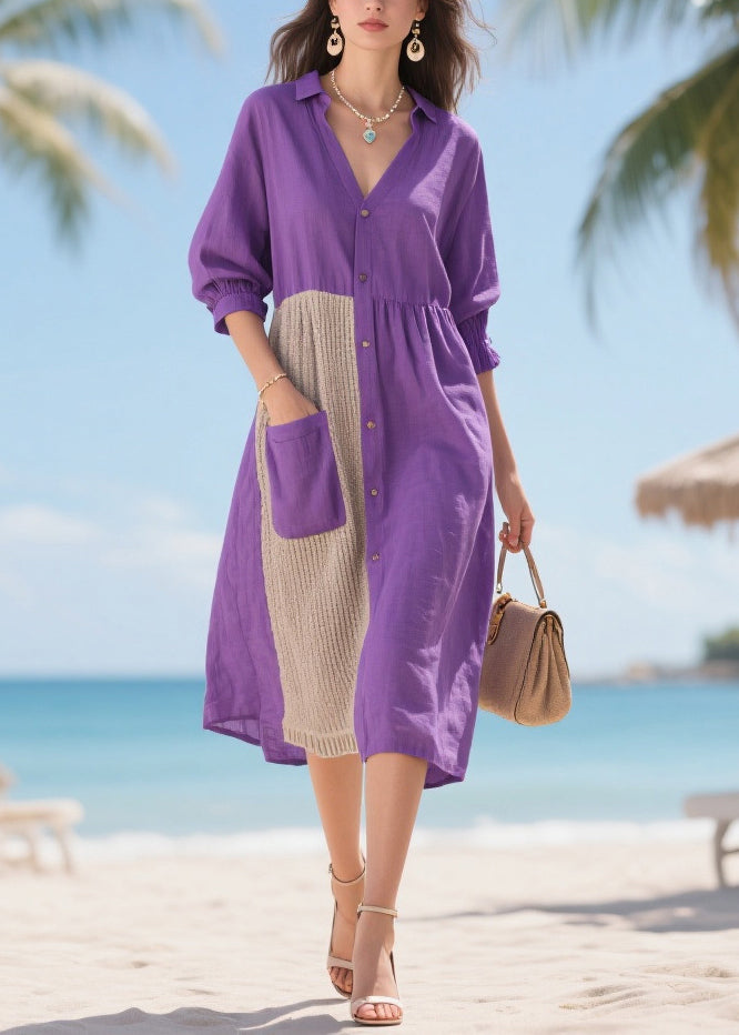 Women Purple Asymmetrical Patchwork Cotton Dresses Summer