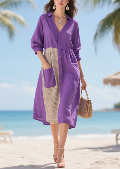 Women Purple Asymmetrical Patchwork Cotton Dresses Summer