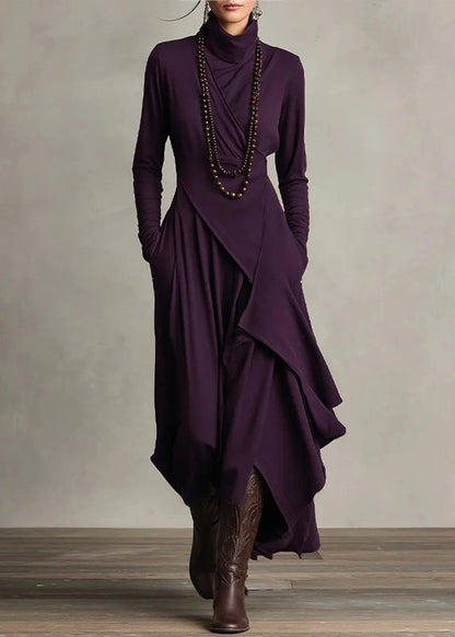 Women Purple Asymmetrical Pockets Long Dress Long Sleeve