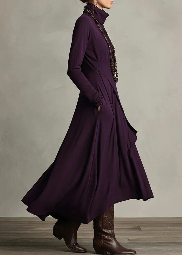 Women Purple Asymmetrical Pockets Long Dress Long Sleeve