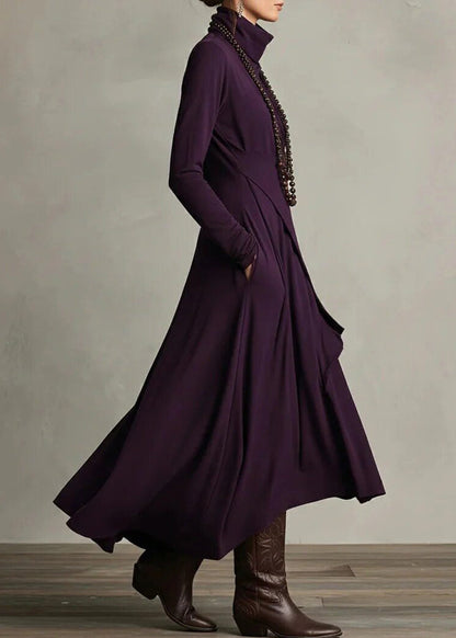 Women Purple Asymmetrical Pockets Long Dress Long Sleeve