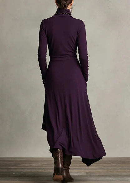 Women Purple Asymmetrical Pockets Long Dress Long Sleeve
