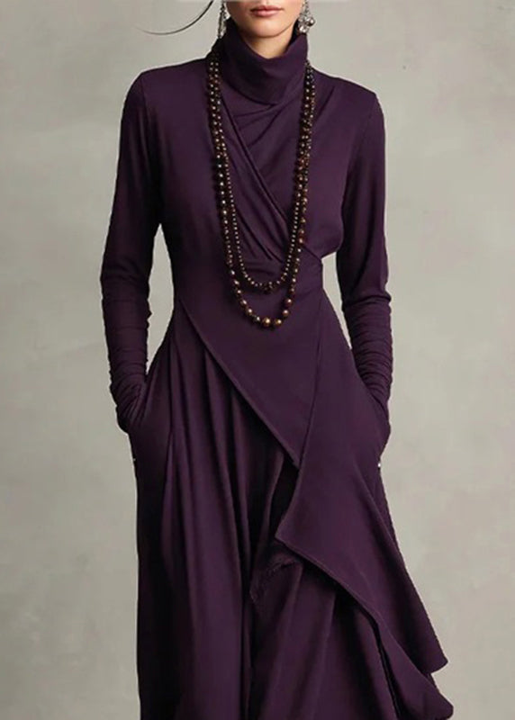 Women Purple Asymmetrical Pockets Long Dress Long Sleeve