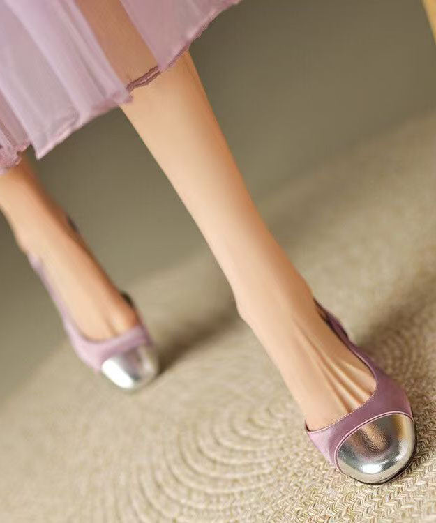 Women Purple Cowhide Leather Splicing Chunky High Heels
