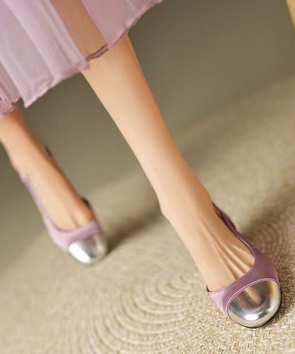Women Purple Cowhide Leather Splicing Chunky High Heels