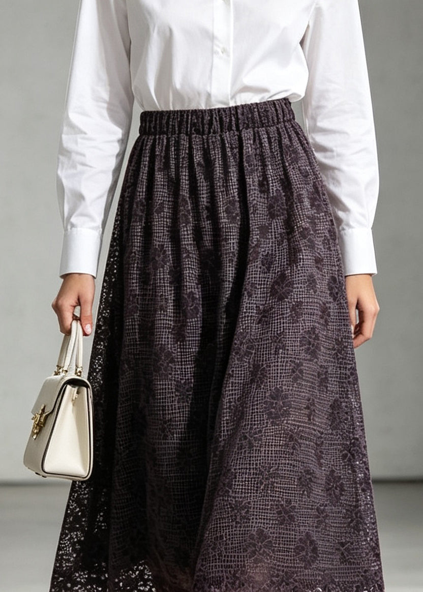 Women Purple Embroidered Elastic Waist Lace Skirt Fall