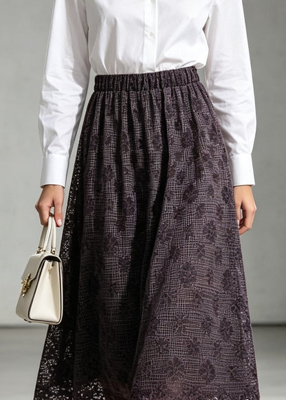 Women Purple Embroidered Elastic Waist Lace Skirt Fall