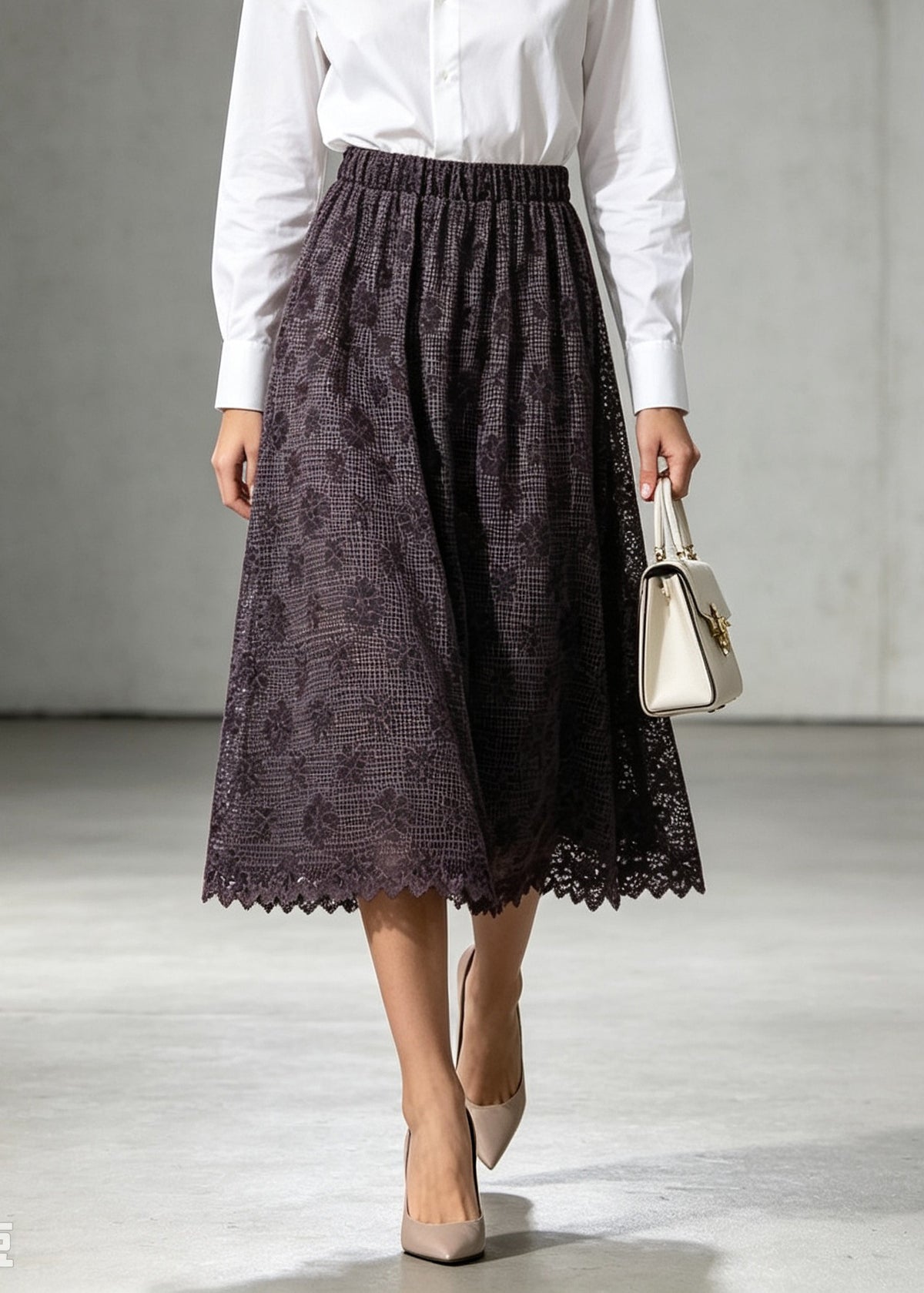Women Purple Embroidered Elastic Waist Lace Skirt Fall