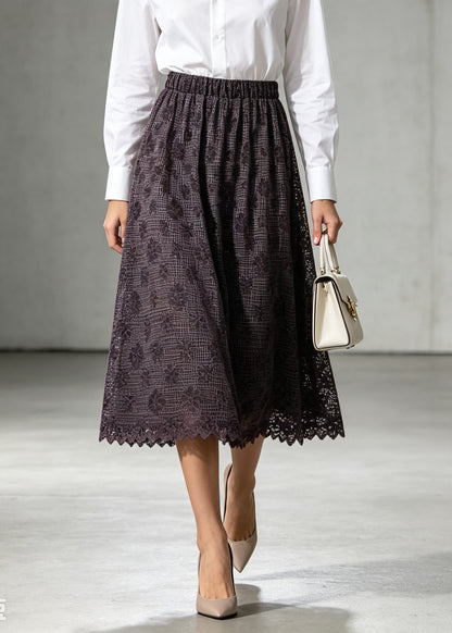 Women Purple Embroidered Elastic Waist Lace Skirt Fall