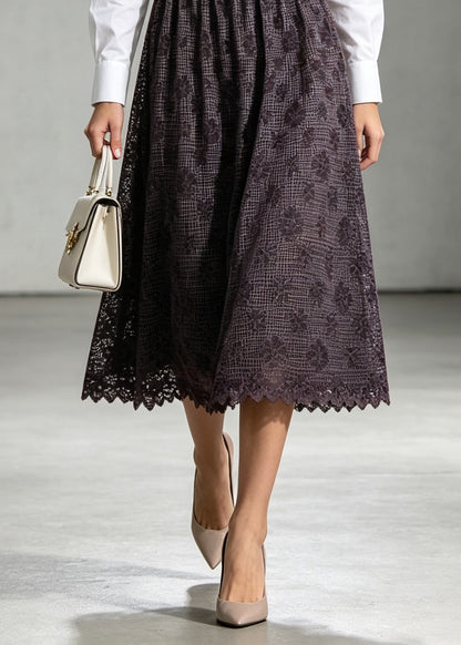Women Purple Embroidered Elastic Waist Lace Skirt Fall