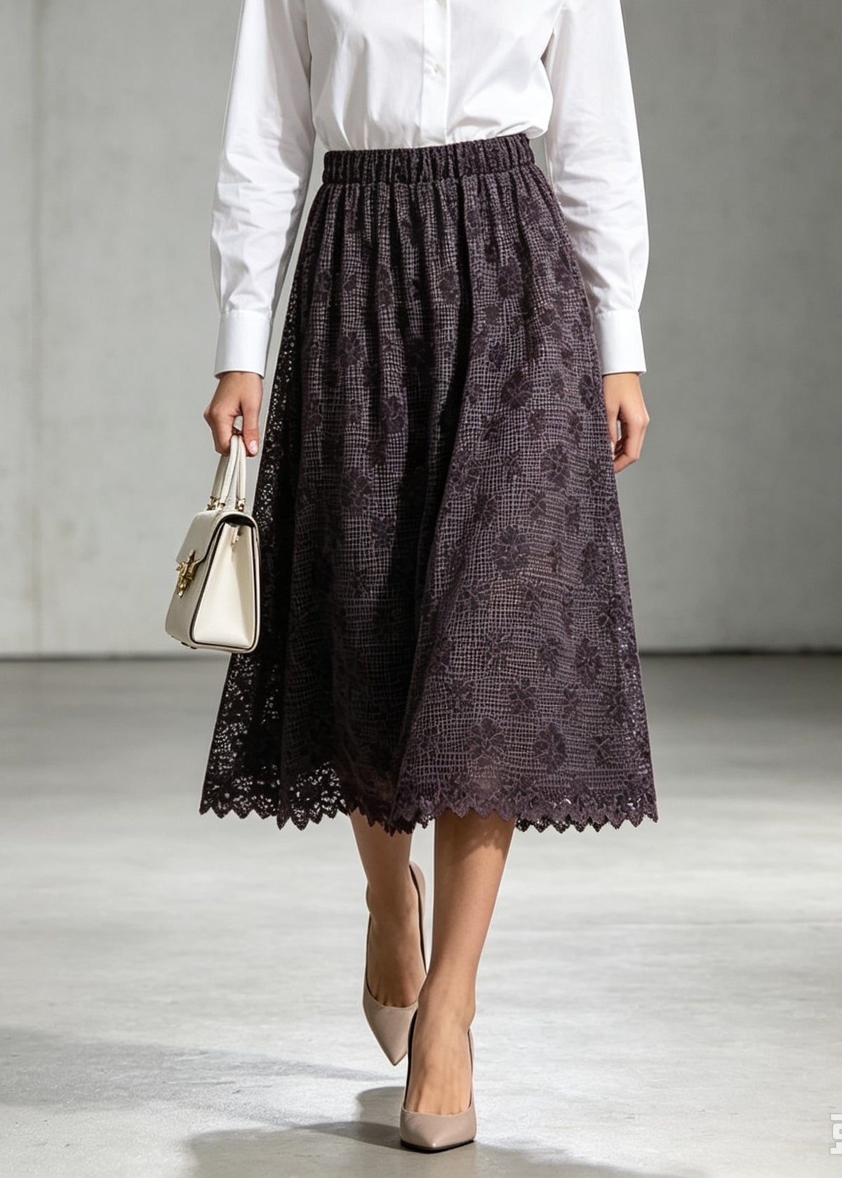 Women Purple Embroidered Elastic Waist Lace Skirt Fall