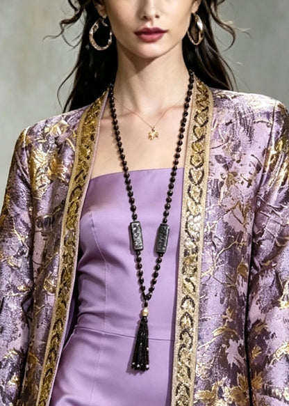 Women Purple Embroidered Jacquard Silk Coat Fall
