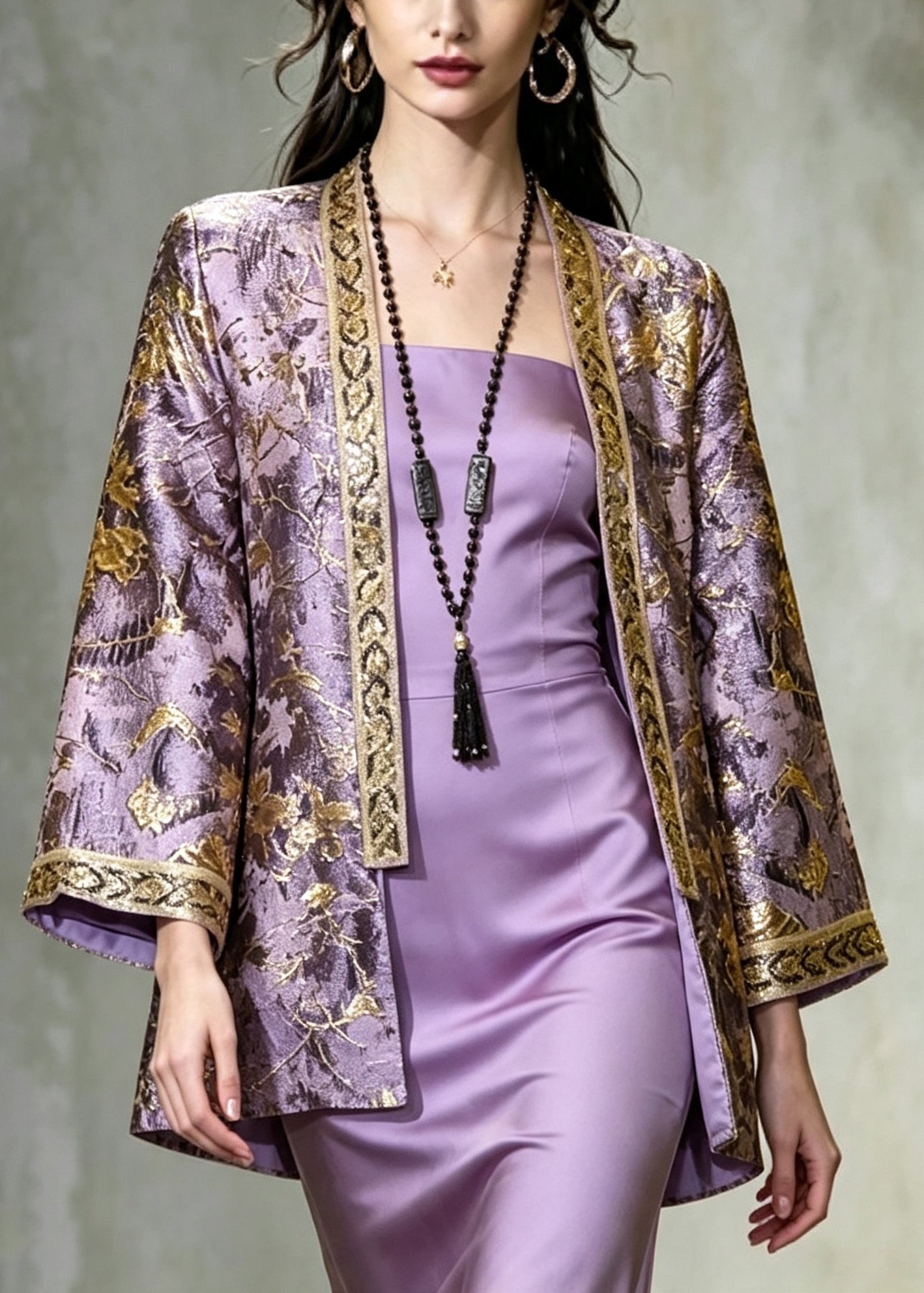 Women Purple Embroidered Jacquard Silk Coat Fall