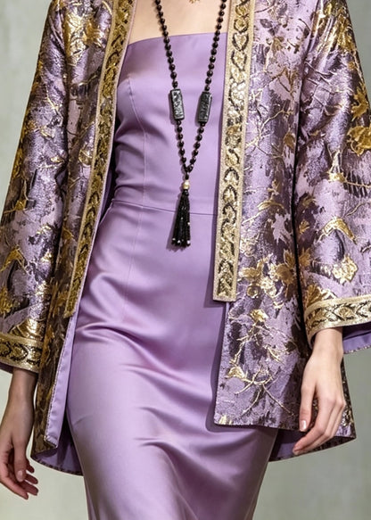 Women Purple Embroidered Jacquard Silk Coat Fall