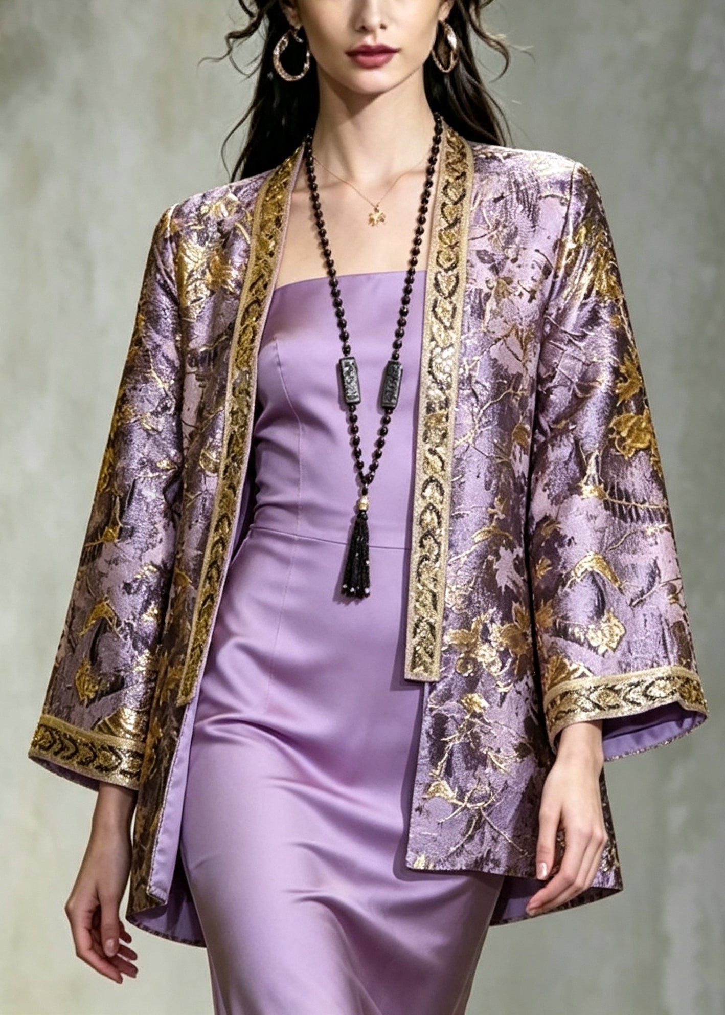Women Purple Embroidered Jacquard Silk Coat Fall