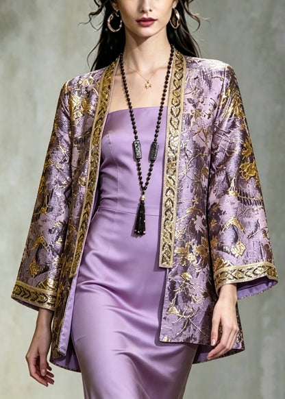 Women Purple Embroidered Jacquard Silk Coat Fall