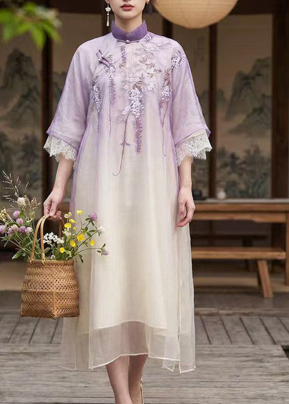 Women Purple Embroidered Silk Vacation Dresses Summer
