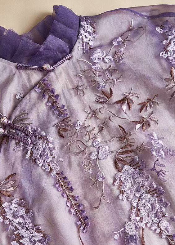 Women Purple Embroidered Silk Vacation Dresses Summer