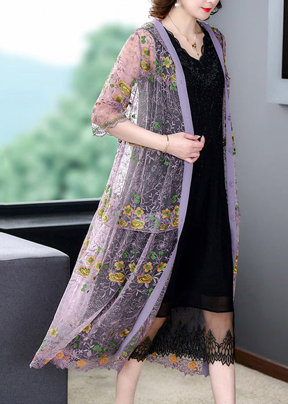 Women Purple Embroidered Tulle UPF 50+ Hooded Cardigan Spring