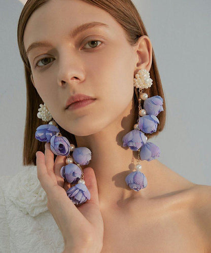 Women Purple Flower Tasseled Pearl Drop Earrings