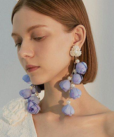 Women Purple Flower Tasseled Pearl Drop Earrings