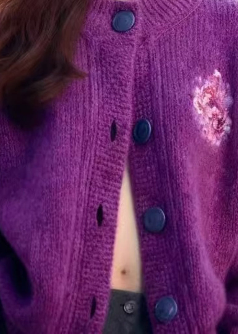 Women Purple O Neck Button Cozy Knit Cardigan Spring