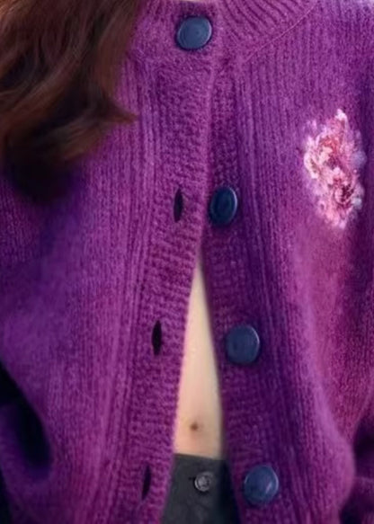 Women Purple O Neck Button Cozy Knit Cardigan Spring