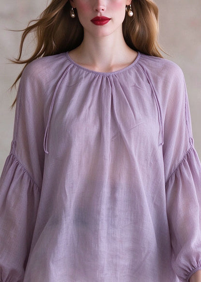 Women Purple O-Neck Drawstring Solid Linen Shirts Lantern Sleeve