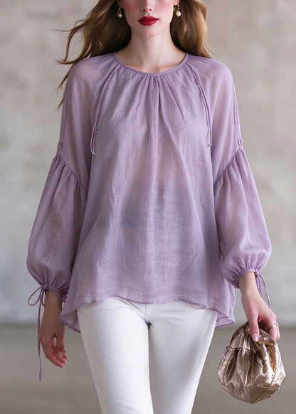 Women Purple O-Neck Drawstring Solid Linen Shirts Lantern Sleeve