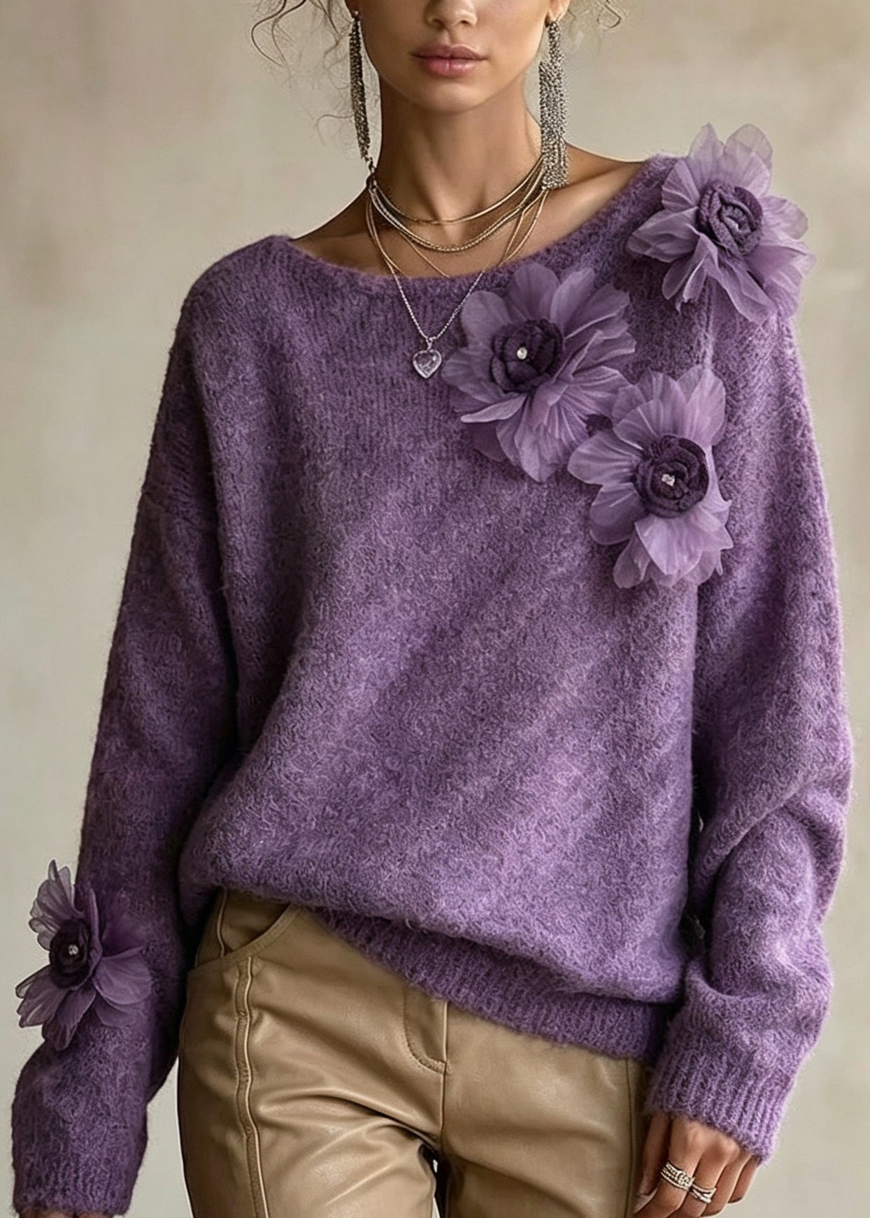 Women Purple O Neck Floral Decorated Knit Sweater Tops Fall