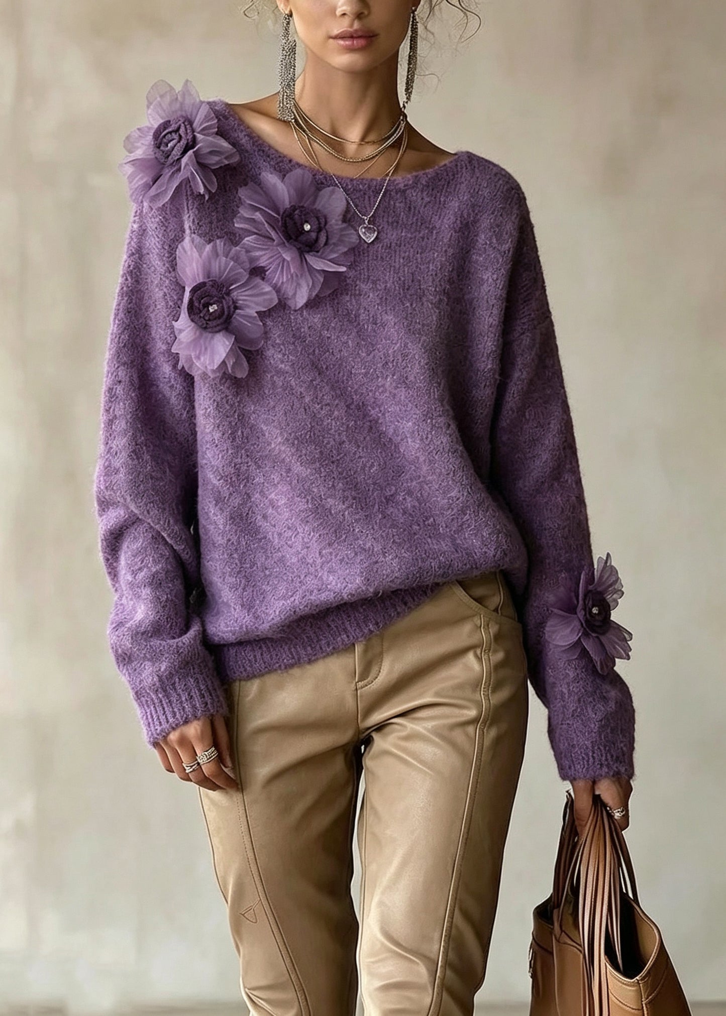 Women Purple O Neck Floral Decorated Knit Sweater Tops Fall