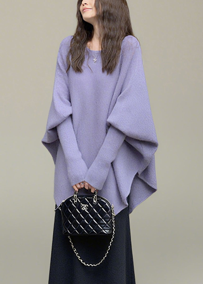 Women Purple O-Neck Solid Knit Sweater Batwing Sleeve